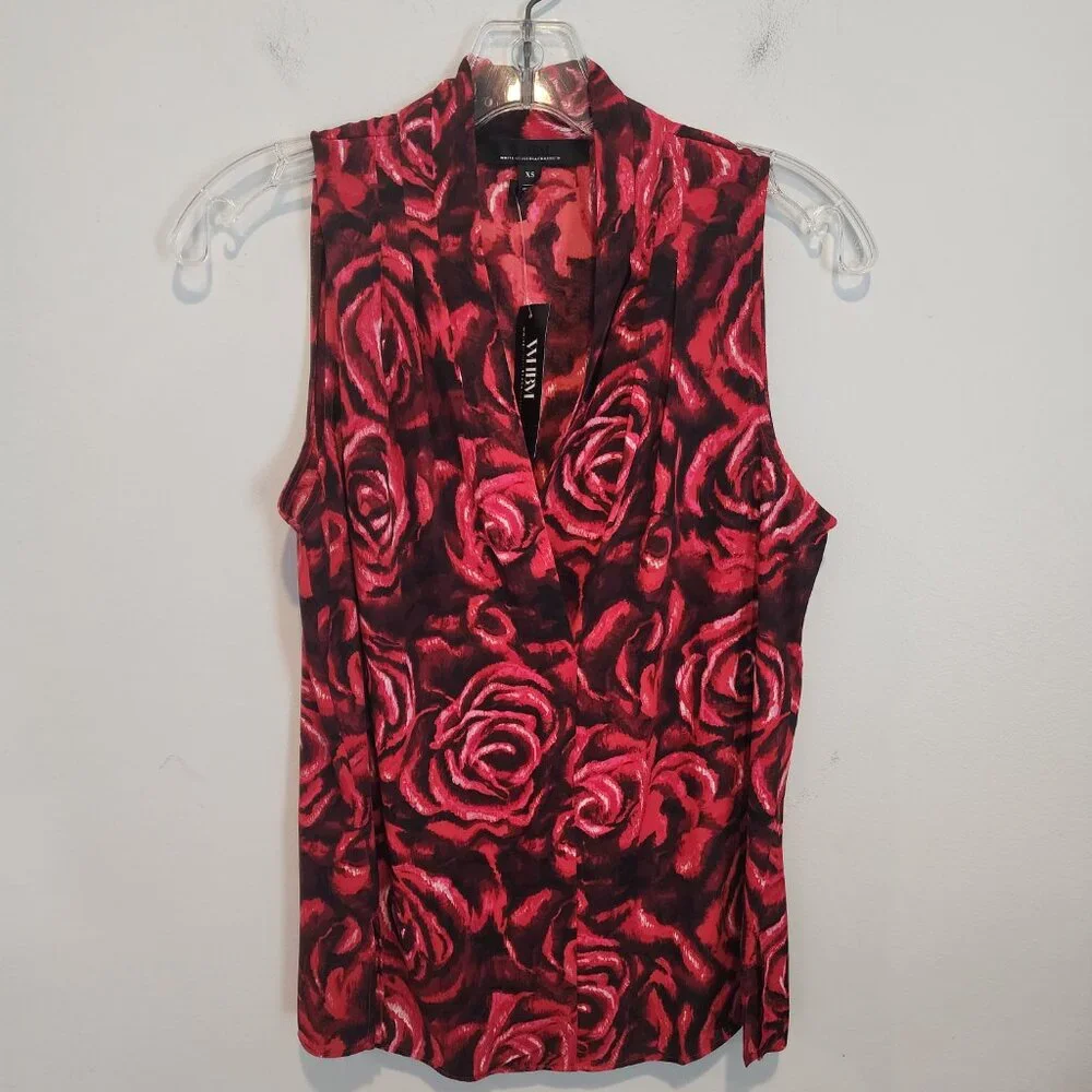 WHBM Rose-print Pleated V-neck Shell, Size XS, NWT - Picture 3 of 7